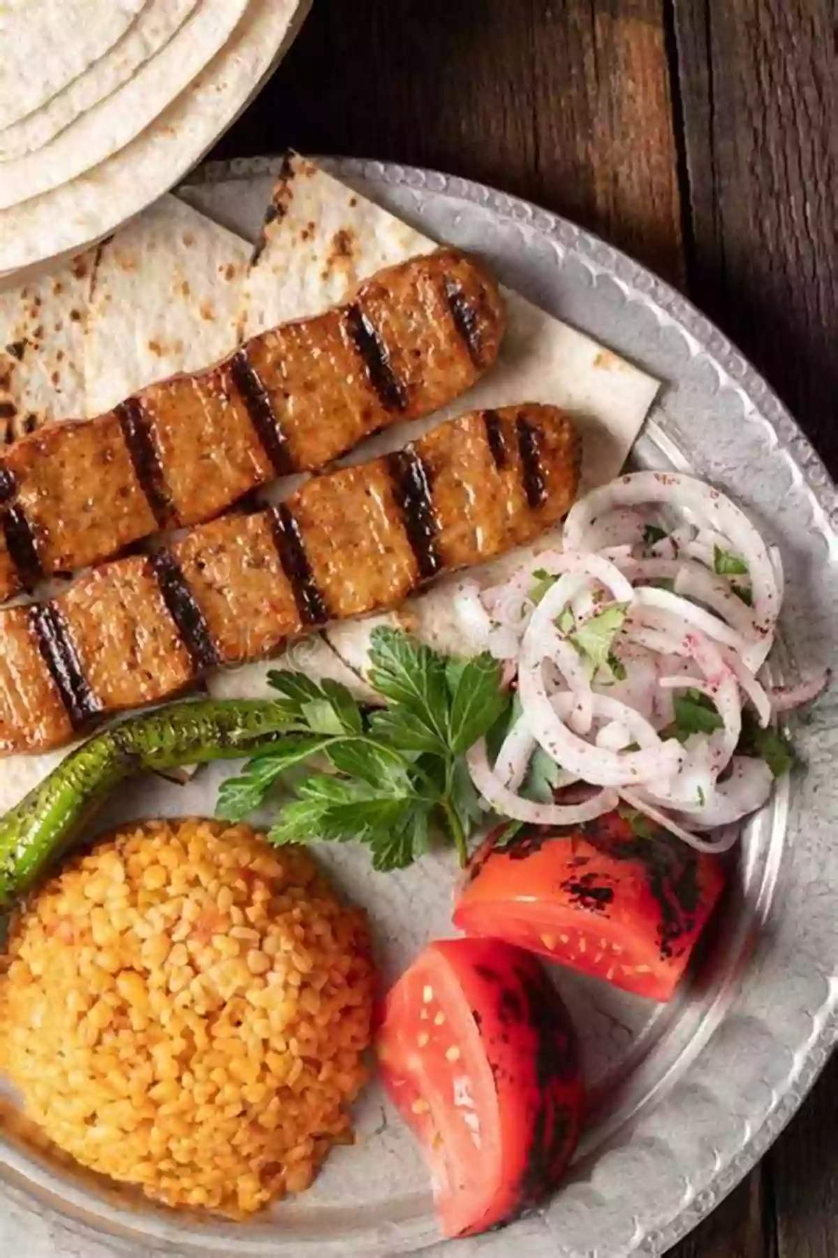 Delicious Şiş Kebap Served With Rice Pilaf And Grilled Vegetables Turkish Soccer Recipes For The Winner In You : When You Go Turkish With These Recipes You Can T Miss Home