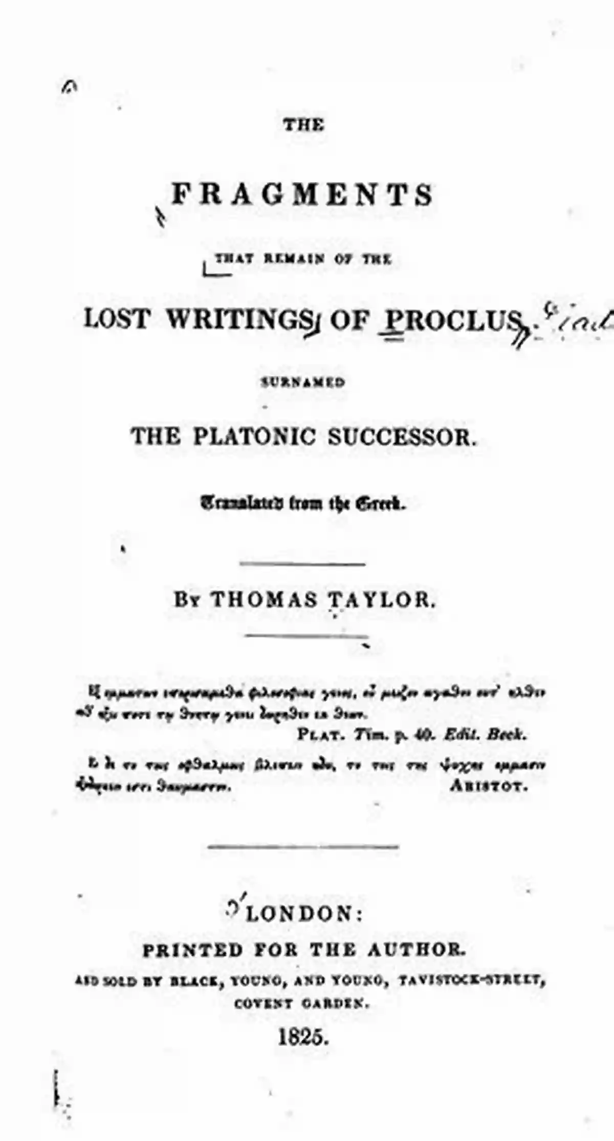 Fragments of the Lost Writings of Proclus 1825